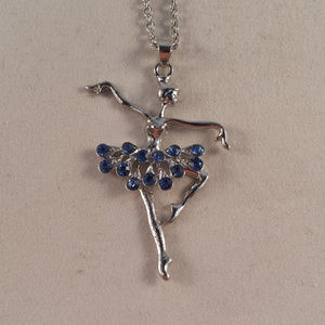 Silver Ballerina Dancer Blue Crystal Gemstone Pendant Necklace Gorgeous Gift